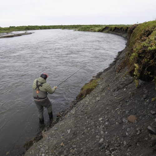 Angler fly fishing along a steep riverbank in remote Alaska wilderness