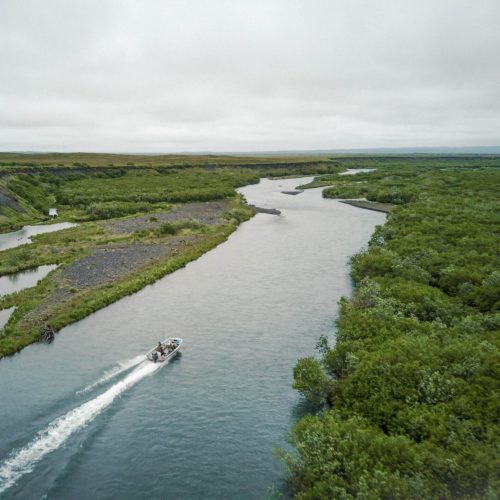Boat traveling along a winding river surrounded by dense green vegetation under cloudy skies